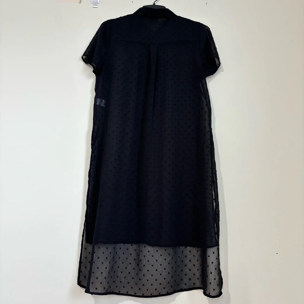 Elle black sheer button up high low short sleeve relaxed long shirt duster Small